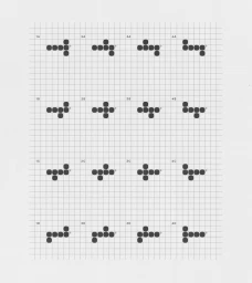 A four by four grid of modular black circular dot configurations labeled 1A through 4D printed on light graph paper.