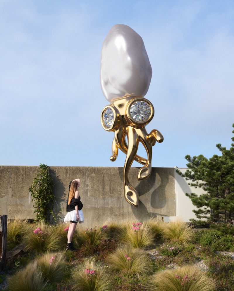 Model looks up at a monumental golden octopus jewelry charm with a baroque pearl head against a sky background.