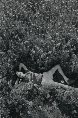 Model Karyna Maziar lying on her back among blooming wildflowers in a black and white overhead fashion shot.