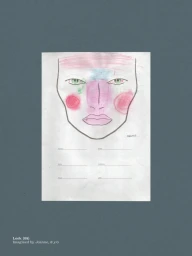 Illustrated makeup face chart with colorful crayon shading on a white sheet set against a slate grey background.