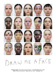Editorial poster grid featuring twenty diverse model portraits with colorful artistic face paint and handwritten text reading Draw Me A Face.