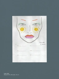 Beauty face chart illustration on white paper featuring yellow suns drawn on cheeks, pink lips, and green eyelashes on a slate background.