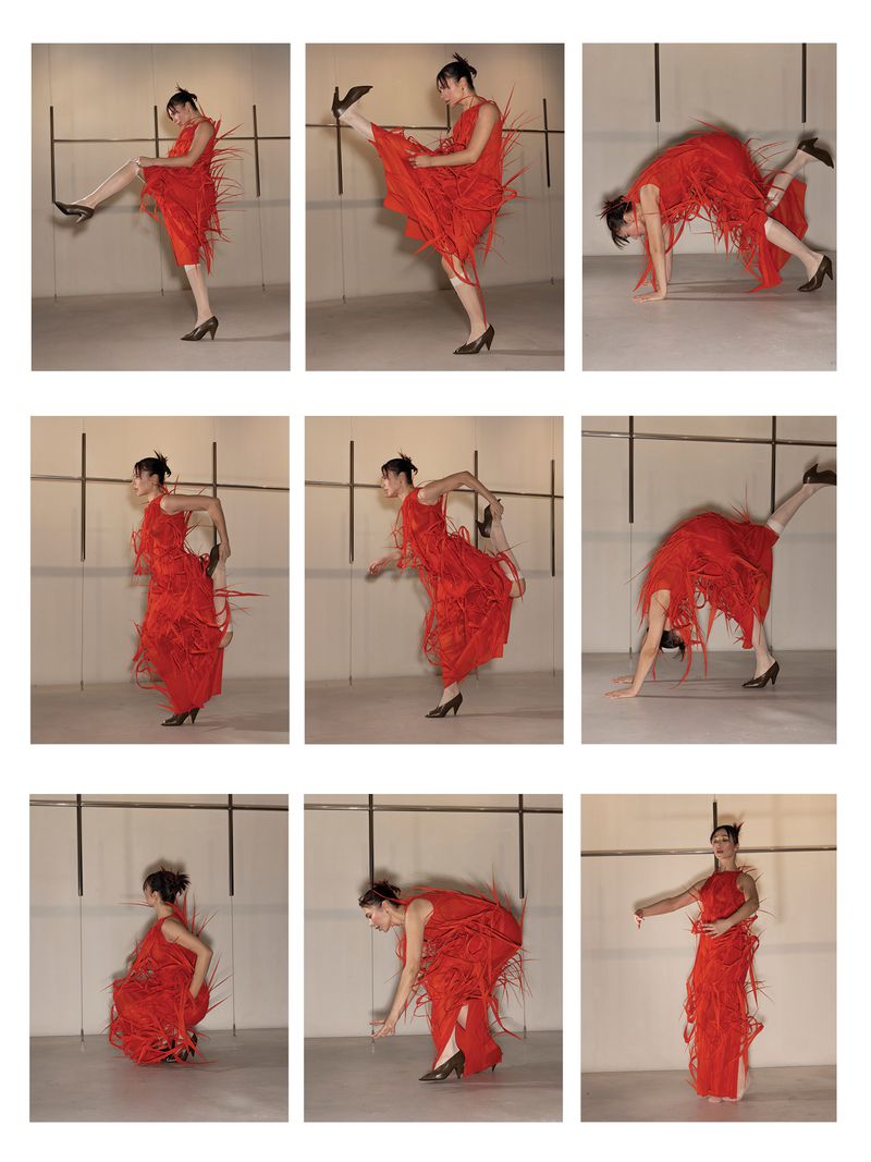 Nine-panel photo sequence of Nina Kraviz wearing a red fringed dress and black heels while performing dynamic poses in a studio.