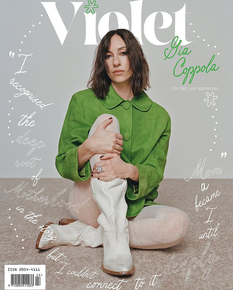 Gia Coppola graces Violet Magazine cover in a bright green jacket, white tights and boots. The magazine title is featured at the top.
