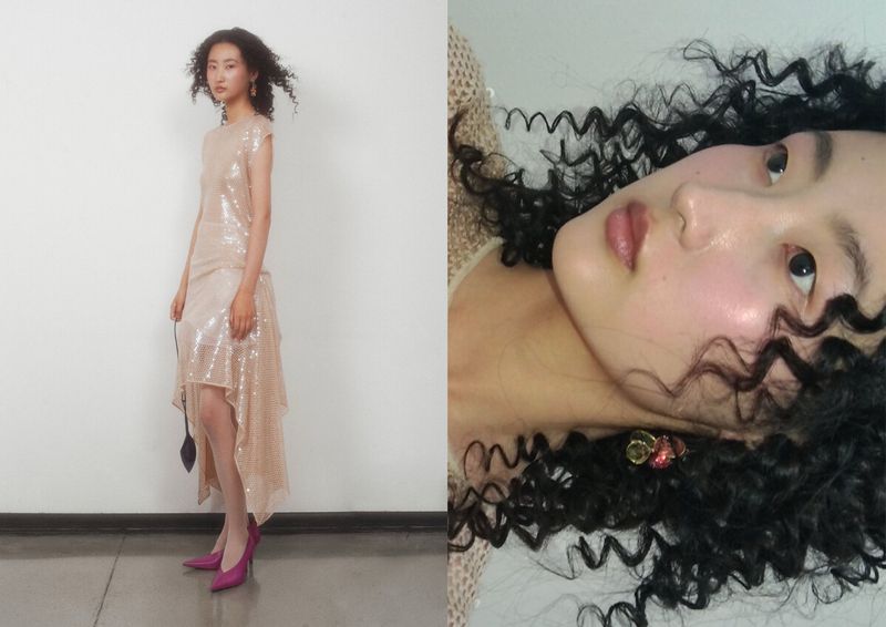 Diptych of model Li Shirui in a shimmering beige sequin dress and magenta heels alongside a close-up portrait of her glowing face.
