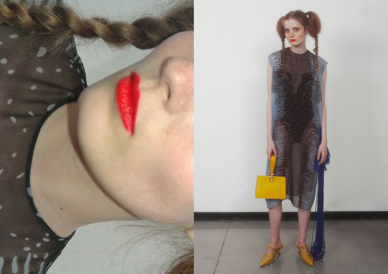 Fashion editorial diptych showing a close-up of red lips and braided hair next to a full-length shot with a yellow handbag.
