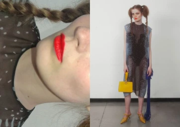 Fashion editorial diptych showing a close-up of red lips and braided hair next to a full-length shot with a yellow handbag.