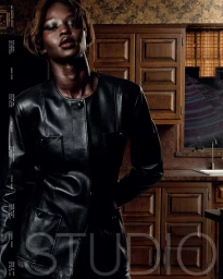 Model Aweng Chuol wearing a black leather jacket in a domestic kitchen setting for Studio Magazine editorial
