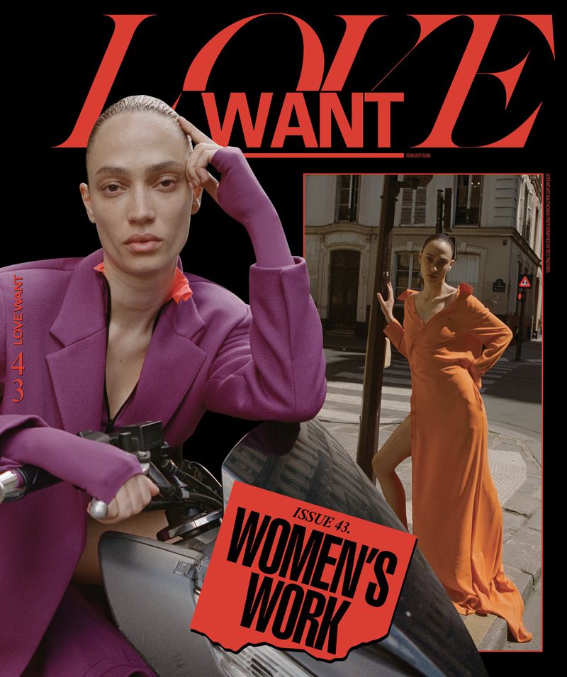 Sophie Koella wearing a bright purple jacket posing on a motorcycle for Love Want Magazine Issue 43 cover with an inset street photo.