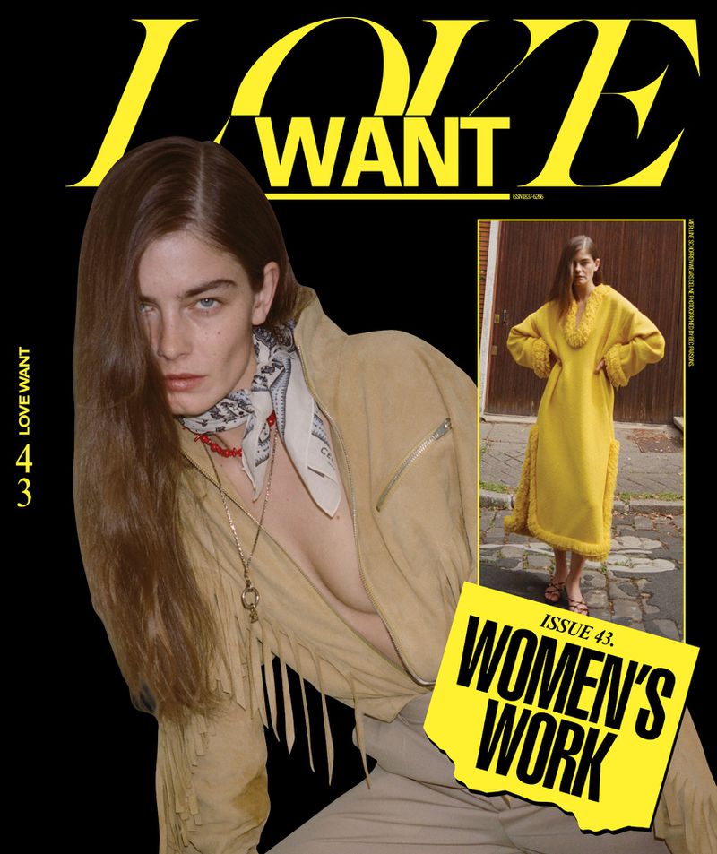 Merlijne Schorren on the cover of Love Want Magazine Issue 43 wearing a tan fringed jacket and neck scarf against a black background.