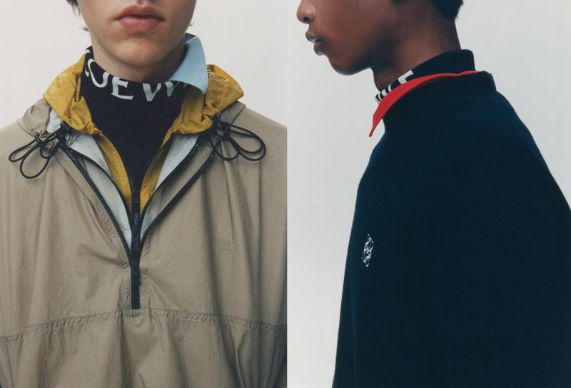 Two split-frame fashion shots of models wearing layered outerwear with branded turtlenecks against a plain light background