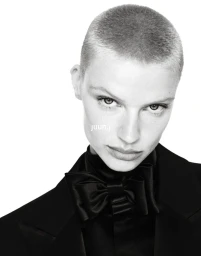 Mila van Eeten with a short buzz cut wearing a black tuxedo jacket and oversized satin bow tie against a white backdrop.