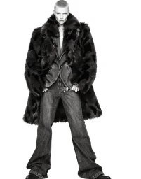 Model Mila van Eeten wearing a voluminous dark fur coat and wide-leg denim trousers against a clean white seamless studio background.