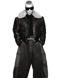 Mila van Eeten wearing a cropped shearling leather jacket, dark sunglasses, and baggy cargo jeans against a white background.