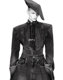 Model Mila van Eeten poses in a structured washed black denim outfit with exaggerated shoulders and a tilted denim beret.