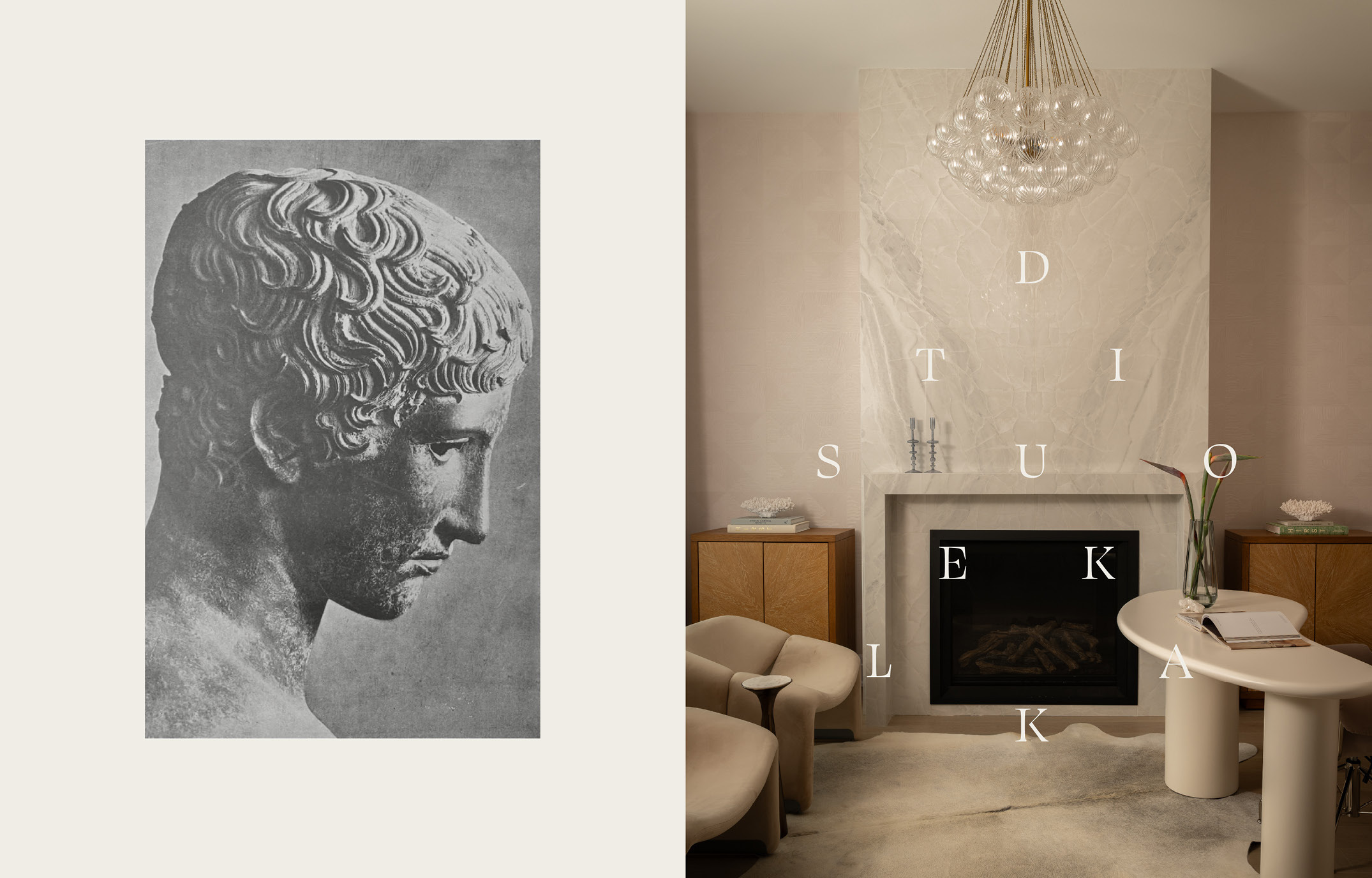 Split layout showcasing a classical sculpture profile photo alongside an elegant living room with a marble fireplace and serif lettering.