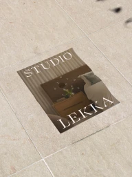 Printed Studio Lekka brand poster depicting a warm bedroom interior, laid flat on tiled stone flooring.