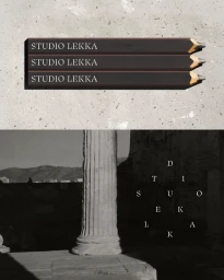 Three black branded pencils with white serif lettering above a black and white photograph of an ancient fluted stone column.