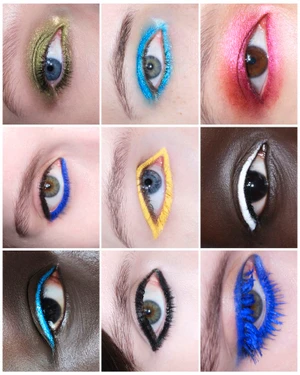 A nine-panel grid of close-up eye makeup looks featuring bold, vibrant eyeshadow, graphic eyeliner, and colourful mascara across diverse skin tones.