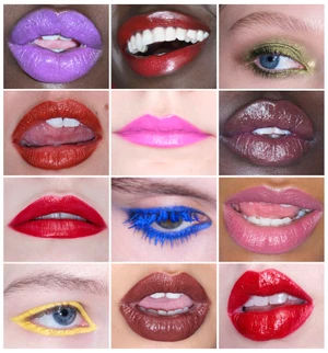 A twelve-panel grid of extreme close-up beauty shots featuring colorful lipsticks and vivid eye makeup on diverse models.