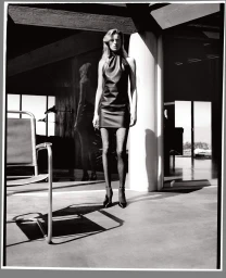 Black and white portrait of a model in a dark halter dress and polka dot tights standing in a modern interior.