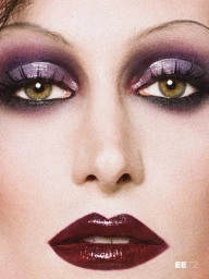 Close-up beauty portrait of a woman with glossy purple smokey eyeshadow, thin arched eyebrows, and dark glossy burgundy lipstick.