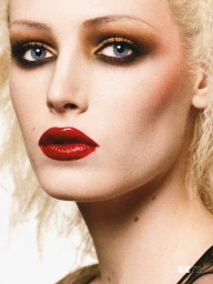 Extreme close-up beauty portrait of a blonde woman with dramatic smoky eye makeup and glossy bold red lipstick against a bright backdrop.