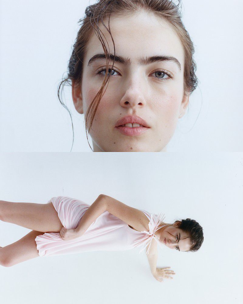 Diptych of model Stella Jones featuring a close-up beauty portrait above a full-body shot wearing a pale pink draped mini dress.