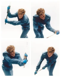 Four-panel editorial photo sequence of actor Finn Bennett in a blue suit and gloves swinging a sword against a white backdrop.
