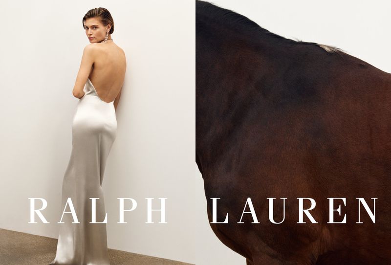 A woman in a gown stands on one side of a split image next to a horse, with the brand name Ralph Lauren beneath them.