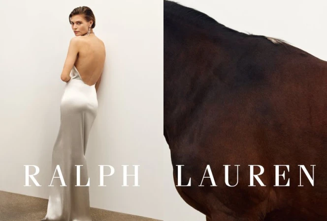 A woman in a gown stands on one side of a split image next to a horse, with the brand name Ralph Lauren beneath them.