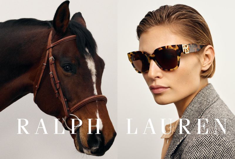 Close-up of a woman with tortoise-shell sunglasses next to the head of a brown horse in a split fashion portrait against a white backdrop.