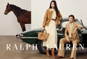 Two models posing with a brown horse and a vintage green car for Ralph Lauren Pre-Fall 2025 campaign.