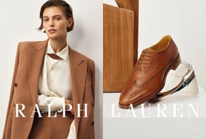 Model wearing a brown blazer and white shirt beside a tan leather brogue shoe against a white background with Ralph Lauren branding.