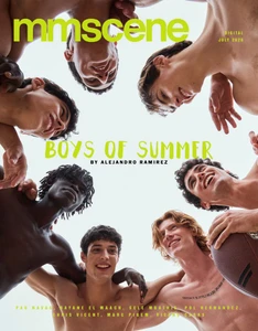 Low-angle shot of shirtless young men in a huddle looking down against a bright sky for MMScene magazine digital cover.