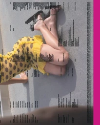 Stella Maxwell wearing a yellow polka dot ruffle mini dress and black strappy heels against a neutral concrete surface.