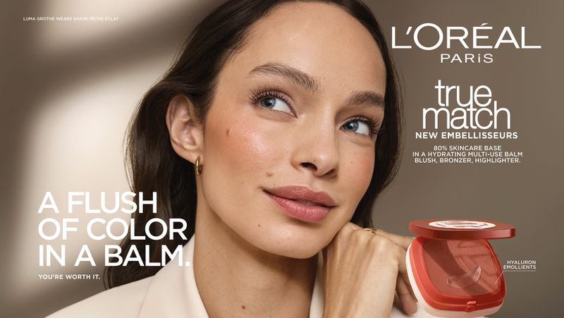 Model Luma Grothe wearing peach blush in a beauty campaign for L'Oreal Paris True Match Embellisseurs.