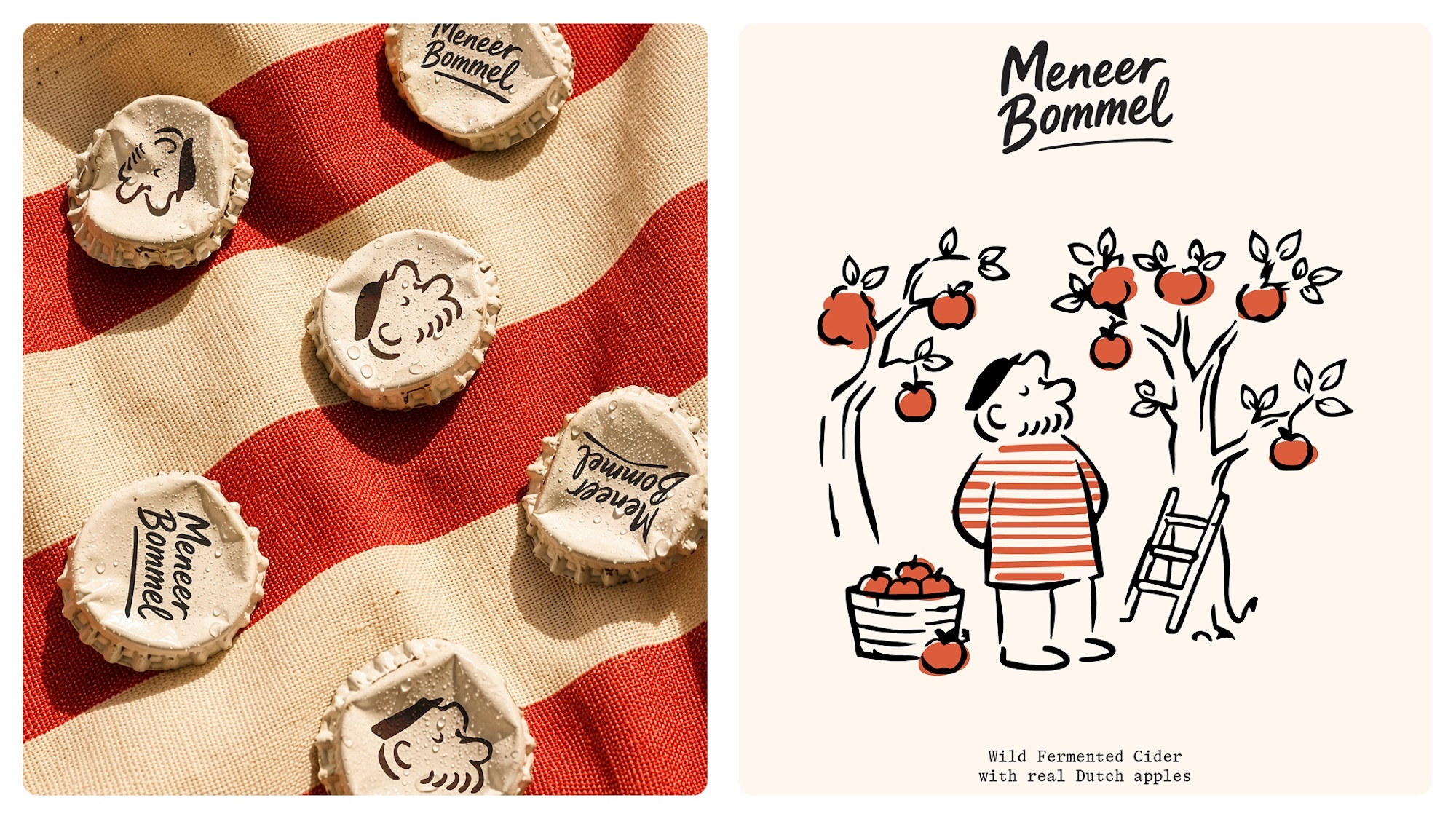Split image showing Meneer Bommel illustrated cider bottle caps on striped fabric alongside an orchard brand illustration.