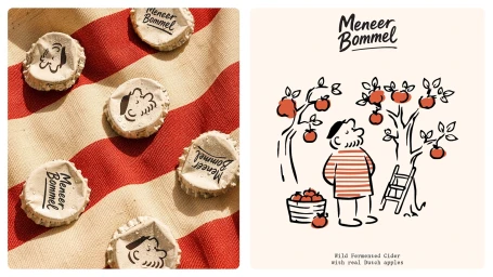 Split image showing Meneer Bommel illustrated cider bottle caps on striped fabric alongside an orchard brand illustration.