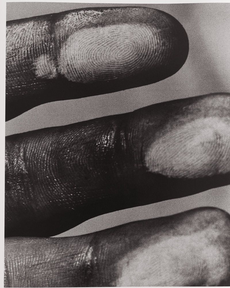 Macro black and white close-up of textured fingertips coated with white chalk dust highlighting detailed fingerprint ridges.