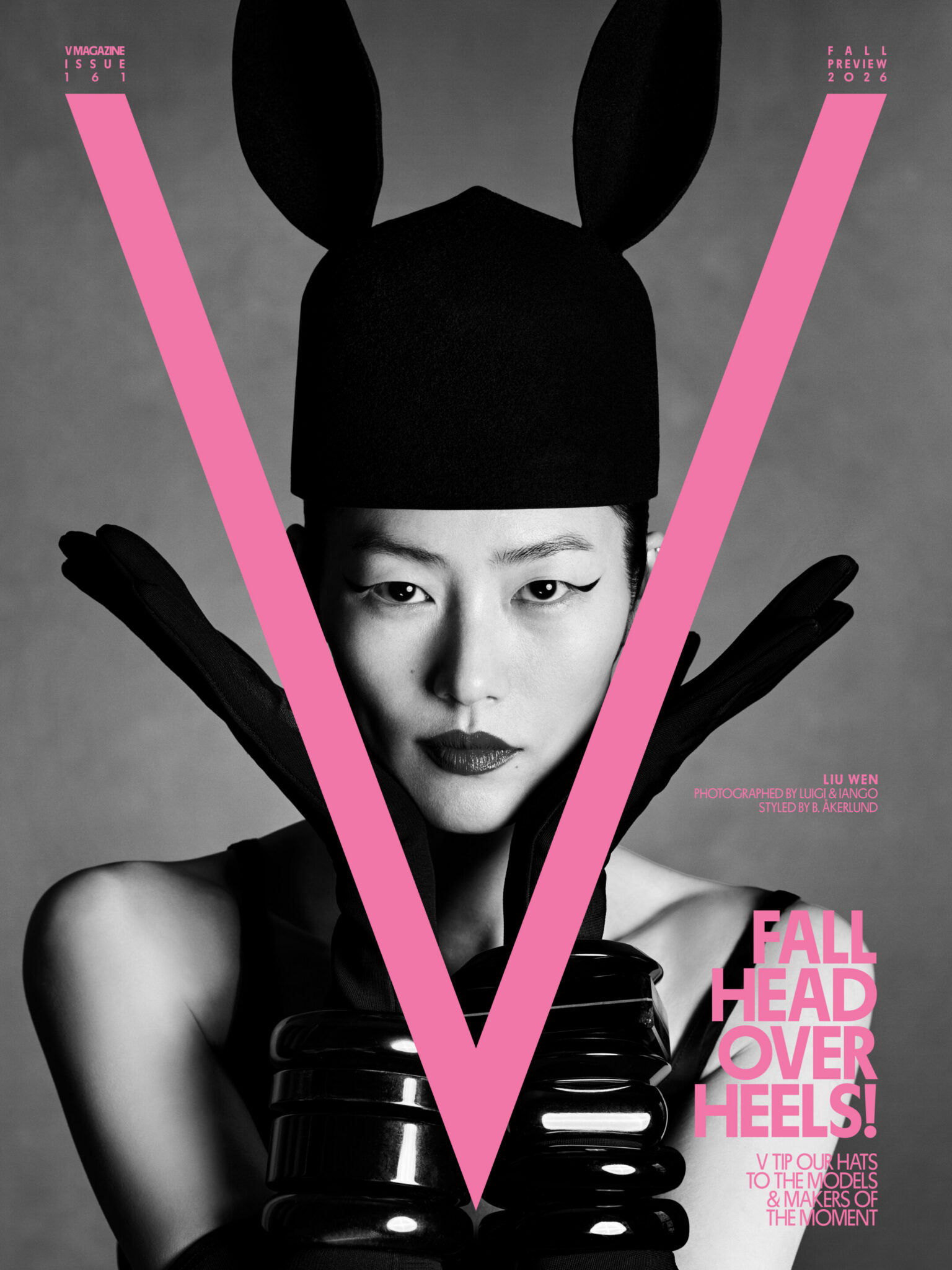 Model Liu Wen wearing a black rabbit-ear hat, long gloves, and stacked black bangles on the cover of V Magazine.