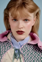 Hannah Motler wearing glossy dark lipstick and a pink and green patterned cape against a light blue backdrop for Glass Magazine.