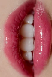 Extreme close-up of glossy pink lips parted slightly to show white teeth.