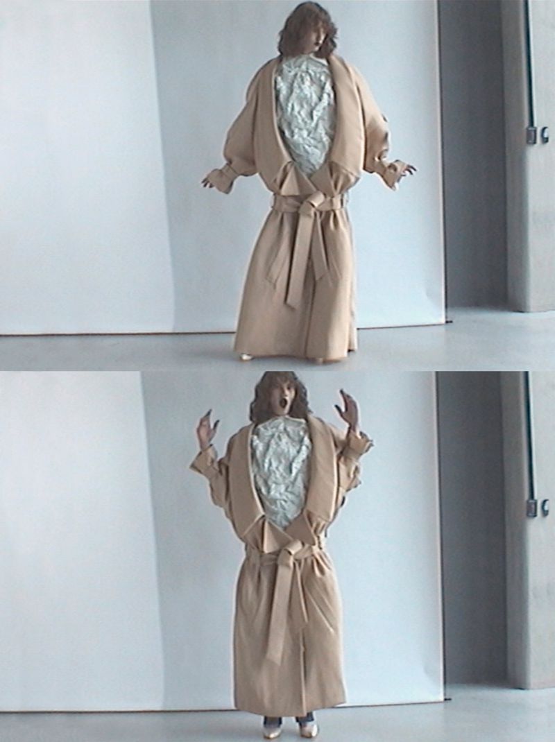 Model posing in an exaggerated oversized beige trench coat in a two-frame studio fashion editorial diptych.