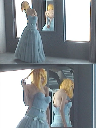 Diptych of a model with yellow-blonde hair wearing a powder blue strapless tulle gown standing in front of a mirror.