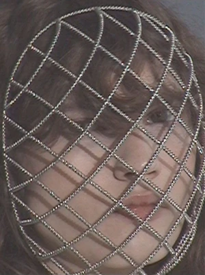 Model wearing an intricate diamond mesh silver crystal face cage over her face in a close-up editorial portrait.