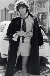 Model George Anderson wearing an oversized black coat, striped shirt, tie, and grey shorts on a cobblestone street.