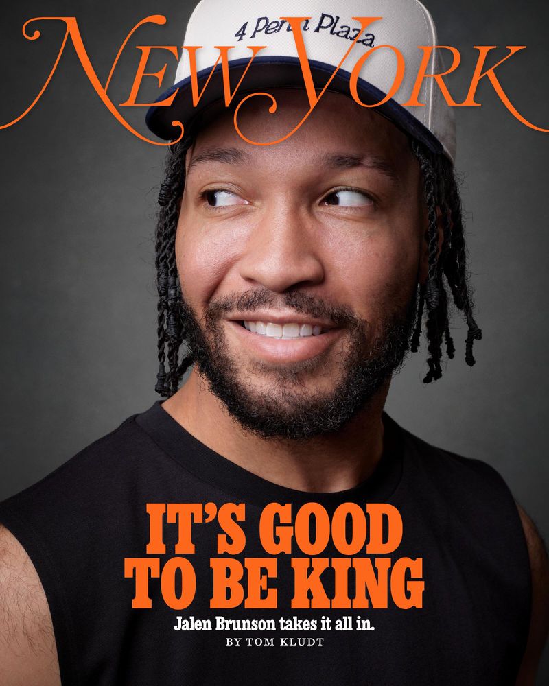 New York Magazine cover portrait of basketball player Jalen Brunson smiling in a black shirt and white trucker hat.