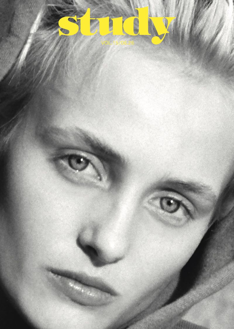 Close-up black and white portrait of model George Anderson with yellow Study magazine masthead text at the top.