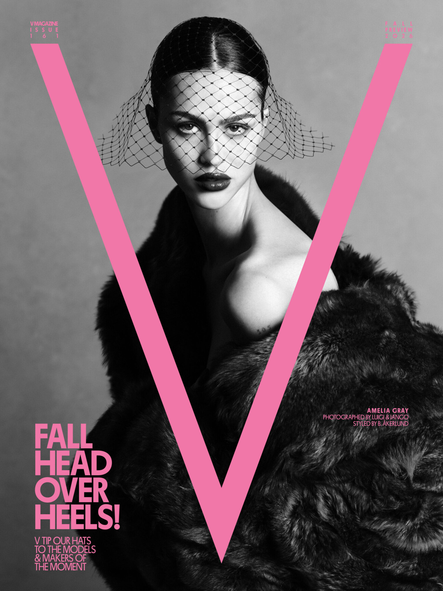 Amelia Gray wearing dark fur coat and mesh veil in a black and white fashion portrait for V Magazine, styled by B. Akerlund.